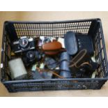 Various cameras and binoculars, including Olympus OM40, Minolta XE-1 etc (boxful)