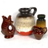 West German pottery vase with handle, 30cm, another, a gurgle fish jug, and another