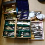 A large quantity of mixed plated cutlery, some boxed (boxful)