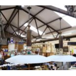 A pair of large frosted glass pendant lights Ex British library, diameter 70cm