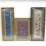 3 Chinese silk embroidered panels, all framed, largest height 66cm