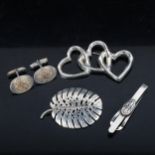 LOS CASTILLO - a Mexican sterling silver brooch, another with heart design, a pair of 10ct gold