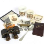 Various military collectables, including Watson & Sons binoculars, Winton porcelain beaker,