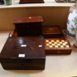 A table-top 19th century style chest of 3 drawers, 28cm across, a tea tray, a chess set, and 2 boxes