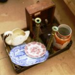 Various collectables, including Vintage novelty trunk biscuit tin, brass barley twist