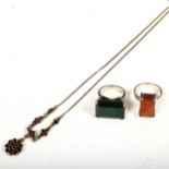 A garnet set drop pendant necklace, and 2 sterling silver stone set rings