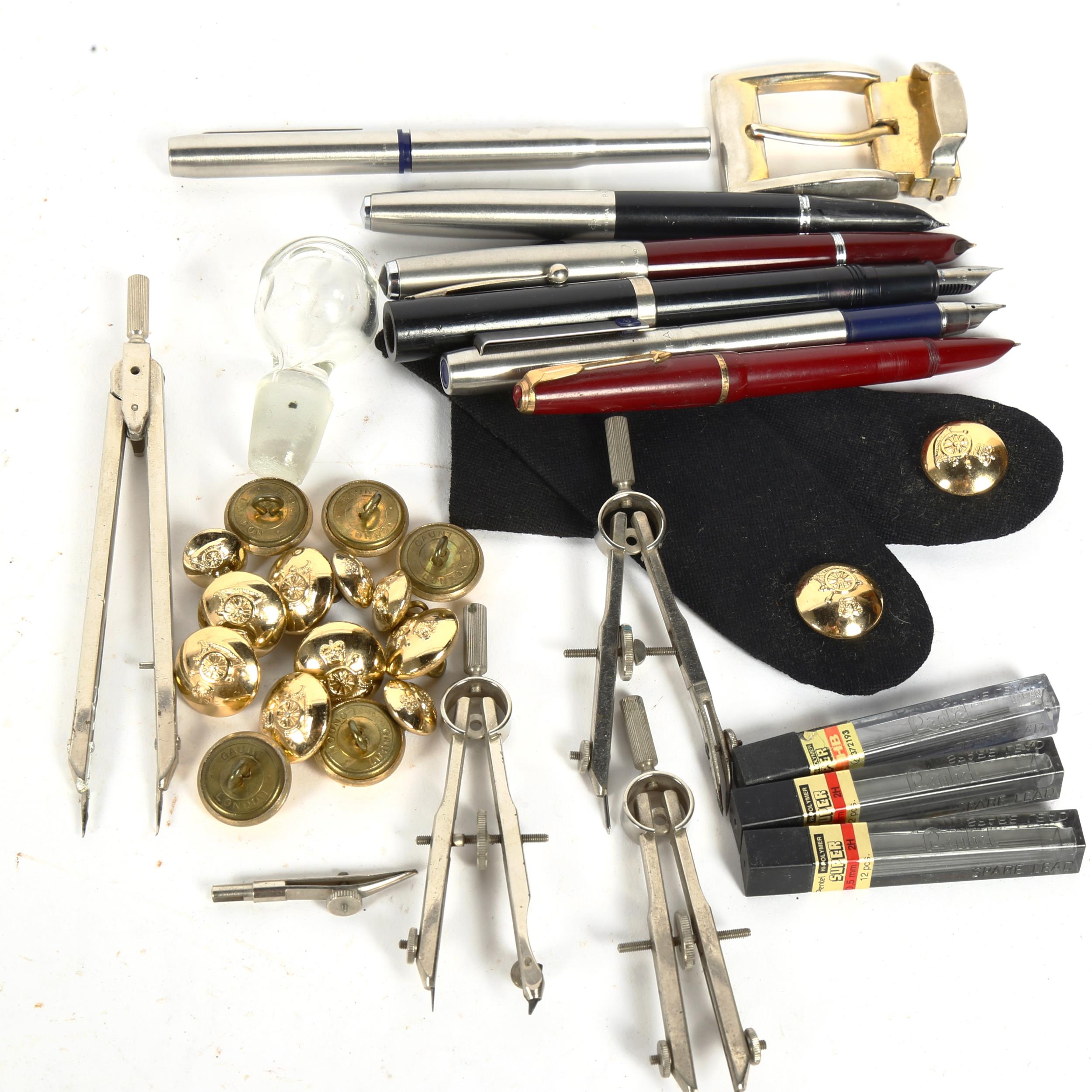 Military artillery buttons, fountain pens etc