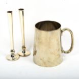 A pair of small silver bud vases, and a silver plated tankard with glass bottom