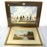 John Chisnal, watercolour, churchyard, and Arthur Suker, river landscape, both framed