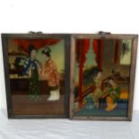 A pair of Chinese reverse painted and gilded glass panels, figures in interior scenes, framed,