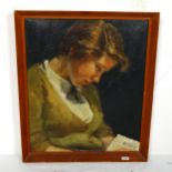 C Eyre, mid-20th century oil on board, girl reading, signed, framed, overall 49cm x 42cm