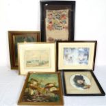 A group of prints and watercolours, including R Walters, watercolour, children by the shore, dated