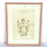 A Chinese hand coloured print, vase design, unsigned, image 38cm x 27cm, framed