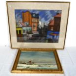 Dutch oil on board, ice skaters on lake, and Parisian pastel street scene, both framed, largest