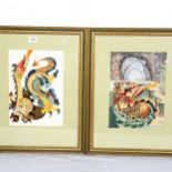 F Burnham, 2 Oriental style watercolours, dragon studies, framed, overall 58cm x 45cm