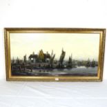 A large contemporary oil on canvas, riverside town, signed Elliott, framed, overall 64cm x 118cm