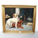 A Wardell, oil on board, dogs beside a fire, signed, framed, overall 56cm x 65cm