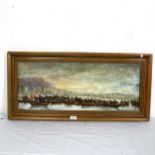 Edna S Weiss, oil on board, boat people Hong Kong, signed with initials, framed, overall 42cm x 88cm