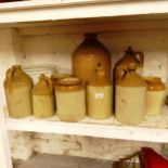 11 various salt glazed flagons and bottles, slop bucket etc