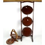 A 3-tier floor standing folding cake stand, 90cm, and an inlaid folding table-top cake stand