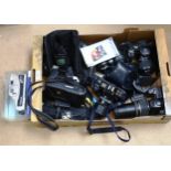 Various cameras and accessories, including Minolta 7000, Sony DSLR lenses etc (boxful)
