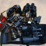 A quantity of binoculars, including Prinz 8x40, Tasco 16x50, Zennox 20x60 etc (boxful)