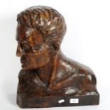 A carved wood bust of Volonte, height 43cm