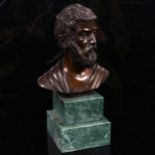 A small bronze Sophocles bust sculpture, on stepped green marble base, unsigned, height 17cm