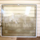 A large Vintage Public Bar acid etched glass door/window panel, 98cm x 107cm