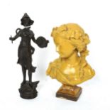 An Art Nouveau spelter female artist sculpture, and a Classical style resin bust, height 22cm (2)