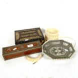A 19th century Indian ebony and porcupine quill box, and a Vizagapatam pen box, length 27cm etc (5)