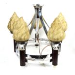 An Art Deco Bakelite and chrome 5-light ceiling chandelier fitting, with frosted glass flaming torch