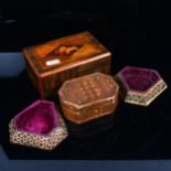 A marquetry inlaid puzzle jewel box, a Prisoner of War strawwork box, and 2 ring trays (4)