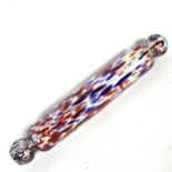 An Antique Nailsea type blue and red flecked glass rolling pin, length 38cm