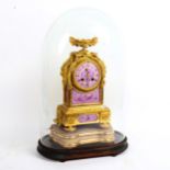 A 19th century French ormolu and porcelain 8-day mantel clock under glass dome, by Japy Freres, with