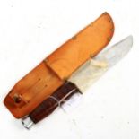 A Vintage hunting knife and sheath, blade length 20cm