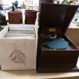 An oak-cased Concert Grande wine-up gramophone, a box of LPs, and a box of 78s, , cycling magazines,