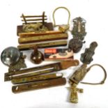 Vintage spirit levels, thermometer, bells etc