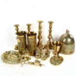 2 pairs of candlesticks, embossed cannon shell vases, brass ornaments etc