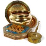 An Indian Vizagapatam chess games board, Middle Eastern brass charger, brass chestnut roasting pan