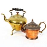 An Antique copper gill kettle, and a similar brass tea kettle with turned wood mounts, height 22cm