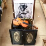 Tinplate magic lantern, Stentor student half-size violin, painted tin flower ornaments, prints etc