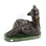A large modernist bronze sculpture, mother and child,indistinctly signed on her robe , on green mar