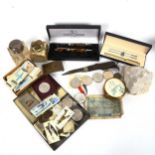 Various collectables, including silver-topped glass inkwell, onyx table lighter, utility knife,