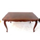 A large French oak parquetry-topped draw leaf dining table, on cabriole legs, L150cm extending to
