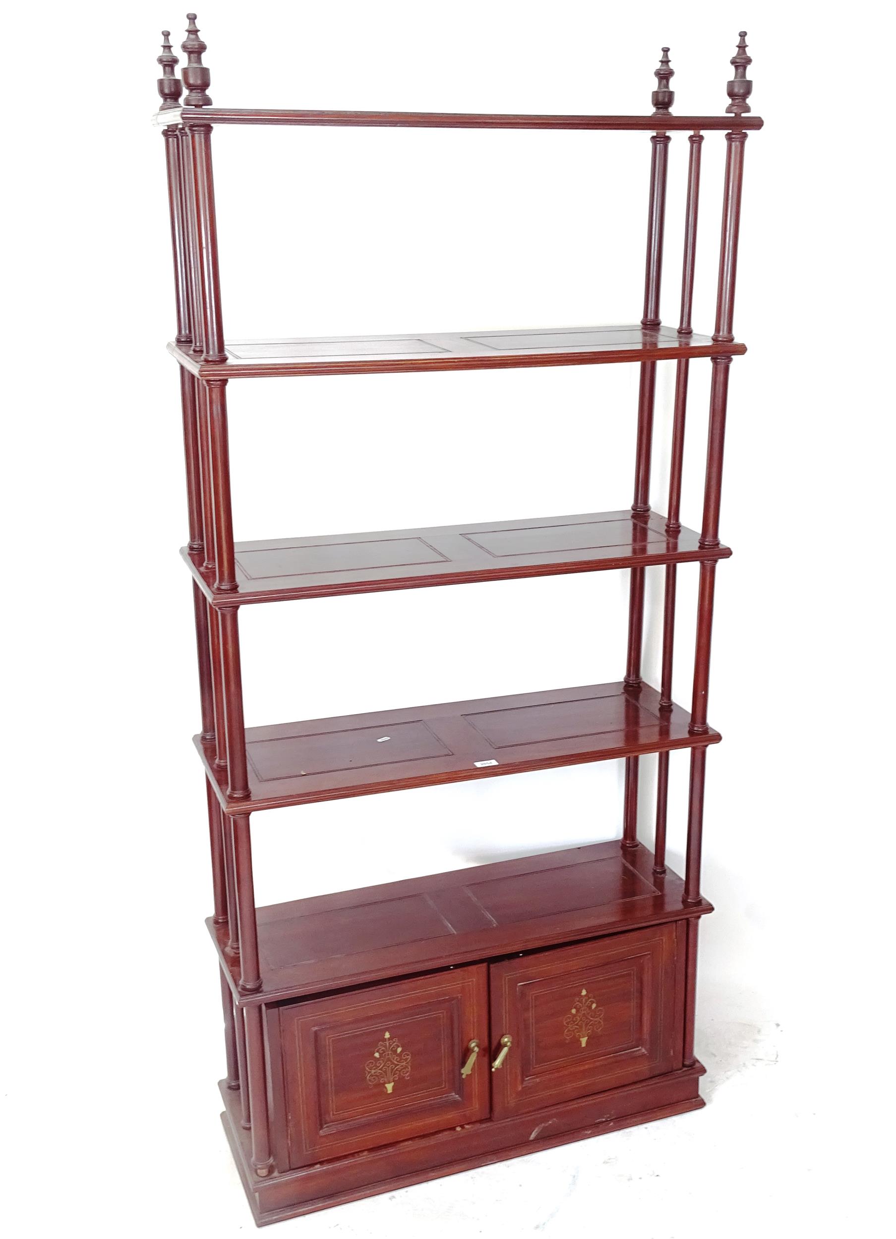 An Oriental hardwood 5-tier open bookcase, with brass inlaid cupboard doors (A/F), W91cm, H200cm,