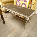 A rectangular garden table with an inset garden top, on a scrolled wrought-iron base, L99cm, H46cm