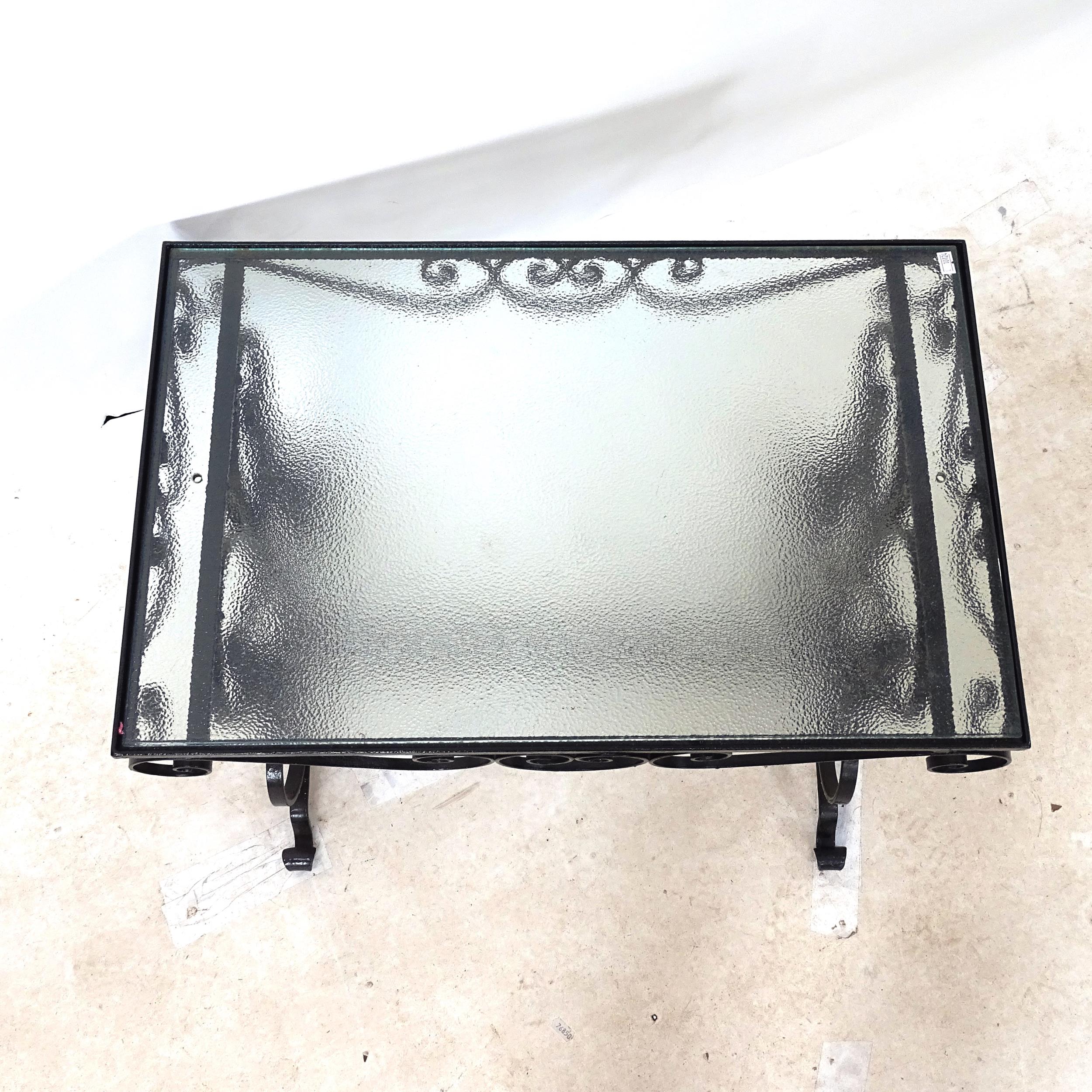 A mid-century Hollywood Regency wrought-iron coffee table, with rippled glass top, L67cm, H49cm, - Image 2 of 2