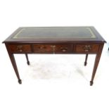 A reproduction mahogany writing table, with an inset green leather skiver, 3 frieze drawers, on