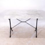 A rectangular marble-top garden table, on cast-iron base, L100cm, H70cm, D60cm